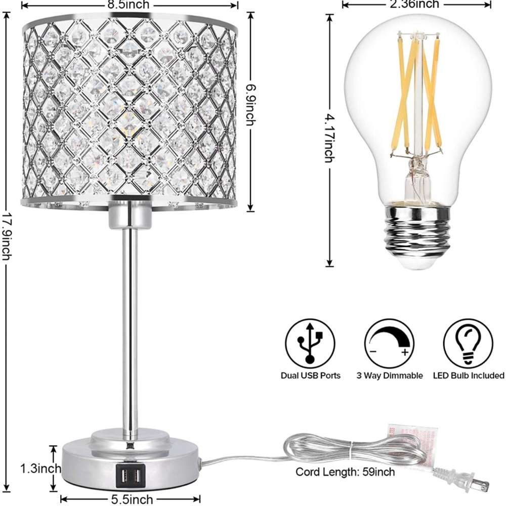 Crystal Lamp with 2 USB Ports, 3-Way Dimmable Touch Lamp. Silver